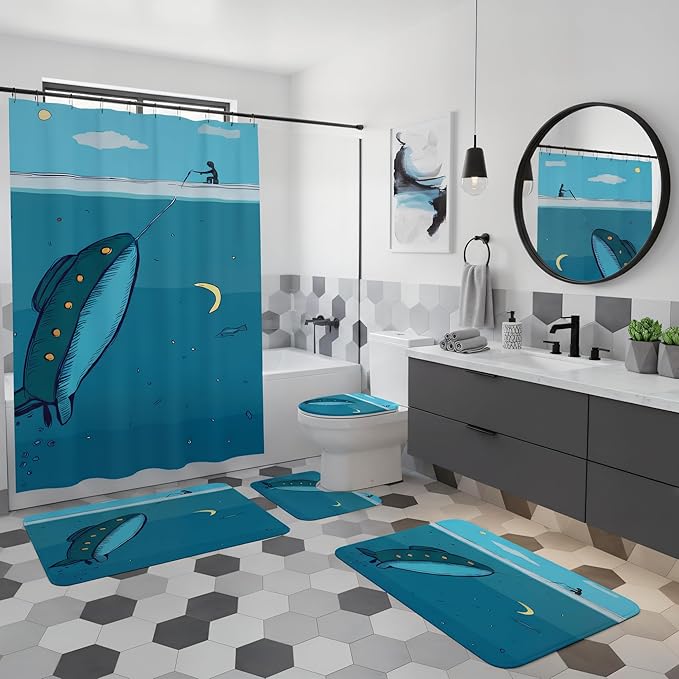 4Pcs Kids Shower Curtain Sets,Submarine Adventure Boy Bathroom Sets with Waterproof Shower Curtain,Memory Rugs,Non-Slip Rug,Toilet Lid Cover Bath Mat,Bathroom Décor for Kids