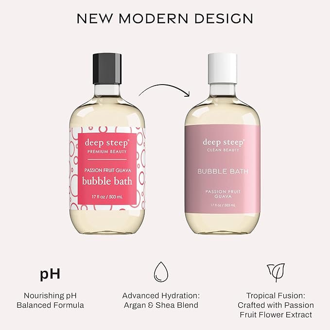 Deep Steep Passionfruit Guava Bubble Bath for Women, Hypoallergenic, Clinically Tested, Clean Formula for Sensitive Skin, Sulfate-Free, 17 fl oz Bottle, Essential Bath Accessories