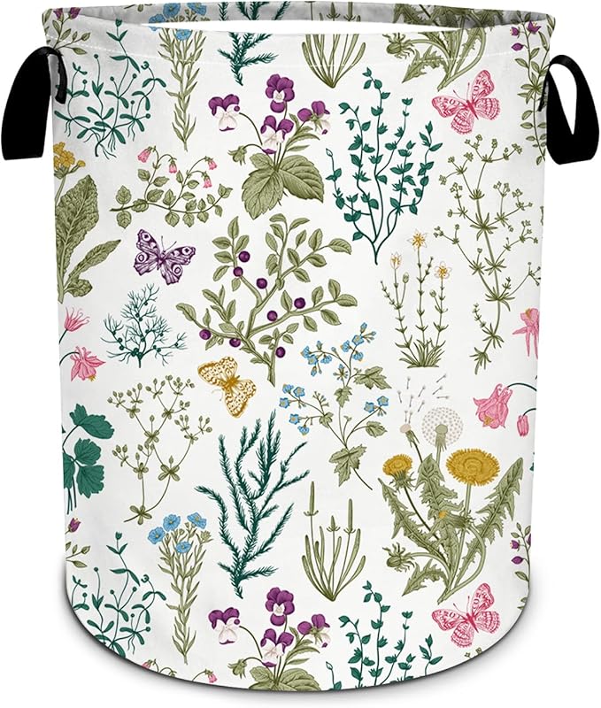 Vintage Floral Laundry Basket, Plants Herbs Flower Laundry Hamper Foldable Waterproof Funny Tote Bag Dirty Clothes Storage Bucket Toy Organizer for Bathroom/Laundry/Bedroom 15.7"x19.6"