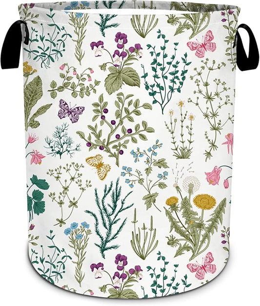 Vintage Floral Laundry Basket, Plants Herbs Flower Laundry Hamper Foldable Waterproof Funny Tote Bag Dirty Clothes Storage Bucket Toy Organizer for Bathroom/Laundry/Bedroom 15.7"x19.6"
