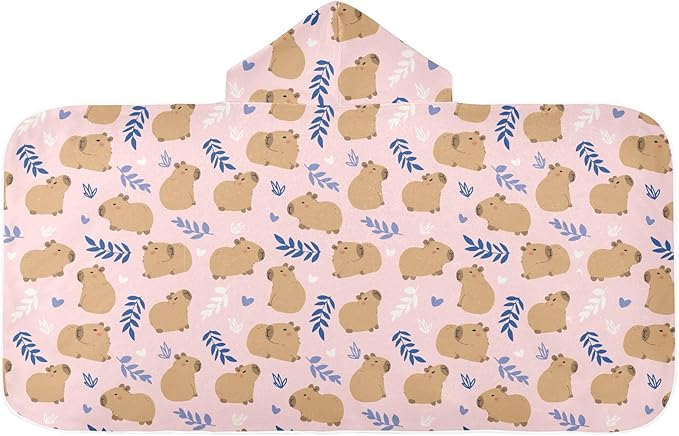 Pink Cute Capybara Hooded Beach Towel for Kids, Kids Bath Hooded Towels for Boys Girls, Super Soft Absorbent Bathrobe with Hood for Swin Pool 50"x23.5"