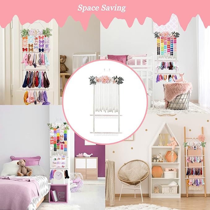 Headband Holder for Girls Hair Bows, Large Capacity Baby Headbands Organizer Storage Hair Clips Hanger Storage Flower Crown Bow Holder Wall Door Hanging Decor for Nursery Room