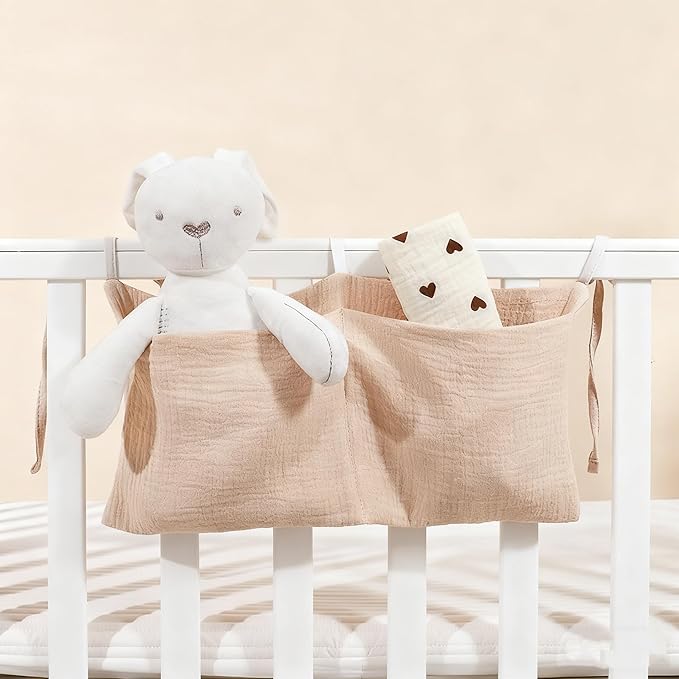 Muslin Cotton Baby Bedside Hanging Storage Bag, 2-Pocket Crib Diaper Caddy Organizer, Nursery Organization Holder for Cribs, Playard, Changing Table or Wall, Milk Bottle Bib Organizing Oatmeal
