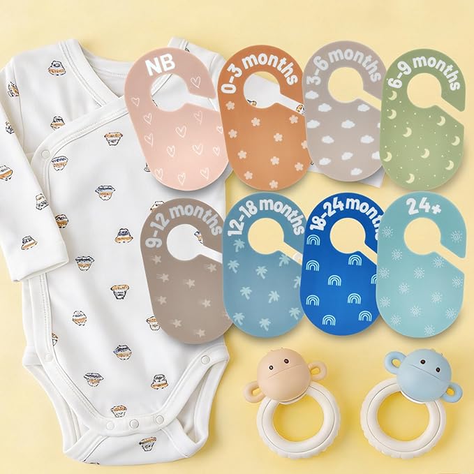 Baby Closet Dividers - Size Tag - 8-Piece Plastic Baby Clothes Organizer Hanger with Double-Sided Designs - Nursery Organization for Baby Clothing Newborn to 2T Girl & Boy (A Solid Multi-Color)