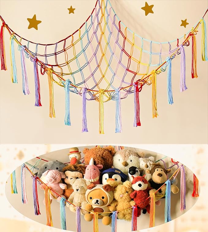 Stuffed Animal Hammock Corner Storage Net Cute Preppy Trendy Stuff Gifts for Teen Girls Baby Room Wall Nursery Decor Rainbow Color Colorful Unicorn Hanging Organizers XL Large