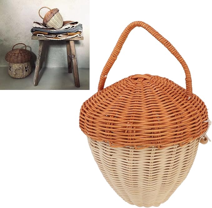 Rattan Storage Basket Mushroom Shape Decorative Woven Fruit Basket Wall Hanging Storage Basket with Lid Photo Prop Room Decor