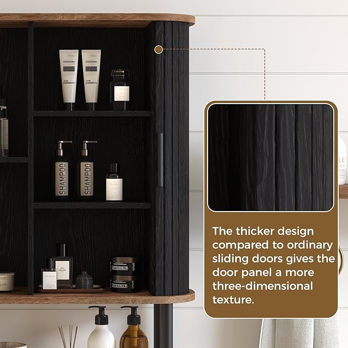 Over The Toilet Storage Cabinet with 2 Sliding Door, Adjustable Shelf Bathroom Organizers and Storage with Anti-Tip Device, Waterproof, Space Saver for Bathroom, Restroom, Laundry, Black