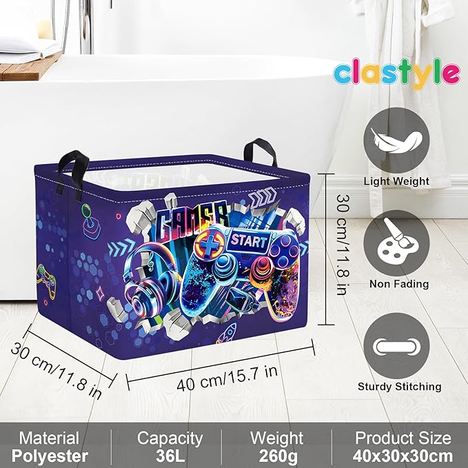 Clastyle Cool Game Storage Basket Kid Game Controller Clothes Laundry Hamper Collapsible Boy Toy Box for Nursery Palyroom,3D Purple,40 * 30 * 30 cm
