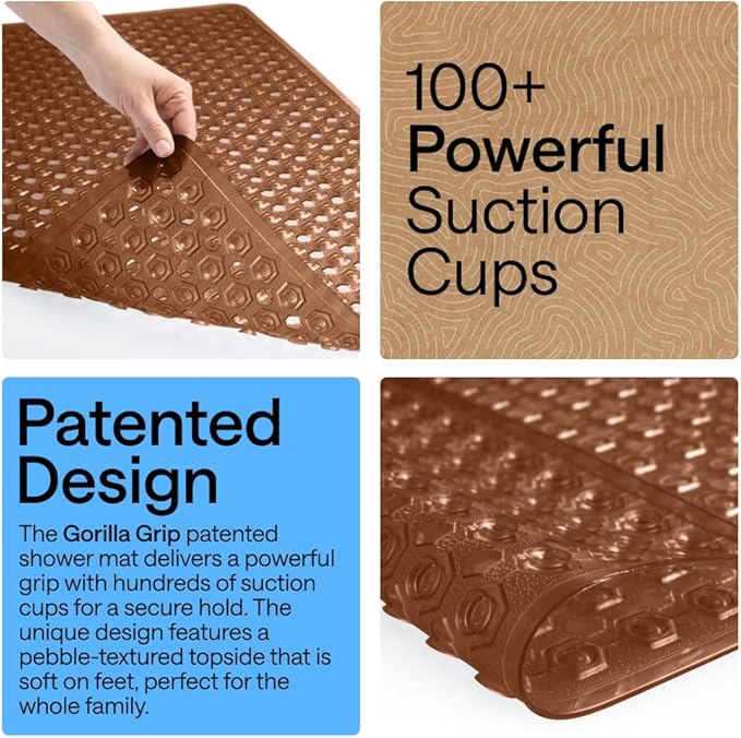 GORILLA GRIP Patented Square Shower Stall Mat, Small Bathtub Floor Mats for Stand Up Showers with Suction Cups and Drainage Holes, Machine Wash, Soft on Feet, Bathroom Accessories 21x21 Inch, Brown