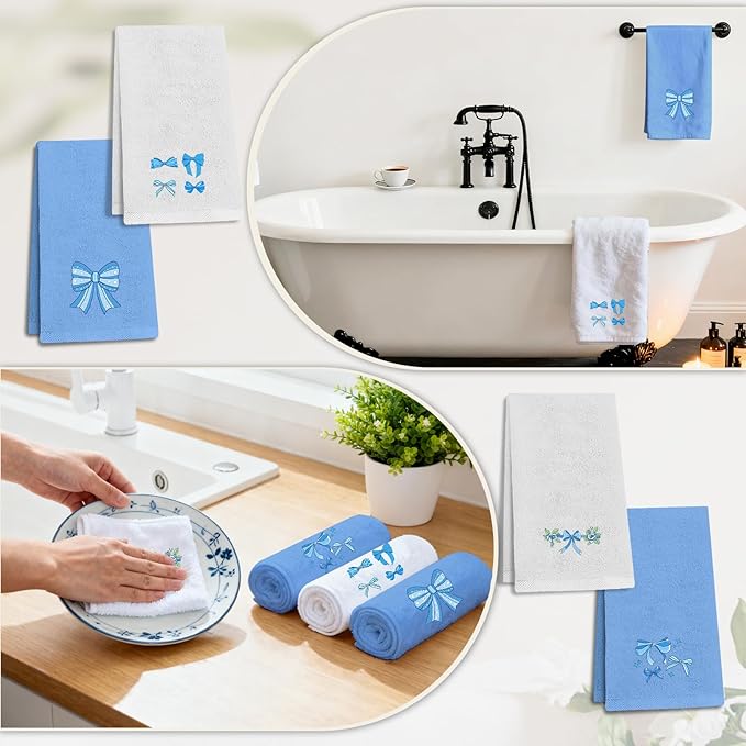 4 Pcs Bow Hand Towels Blue Hand Towels for Bathroom 29" x 13.3" Cute Bath Towel Bow Embroidered Decorative Towel Set Cotton Bowknot Bathroom Accessories Blue Kitchen Decor Bridal Shower Wedding Gift