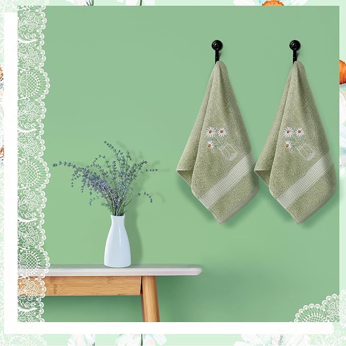 2 Pcs Daisy Flower Hand Towels Gray Green Bathroom Decor 14x29 Inch Embroidered 100% Cotton Soft Absorbent Spring Summer Decorative Hand Towels for Bathroom Kitchen