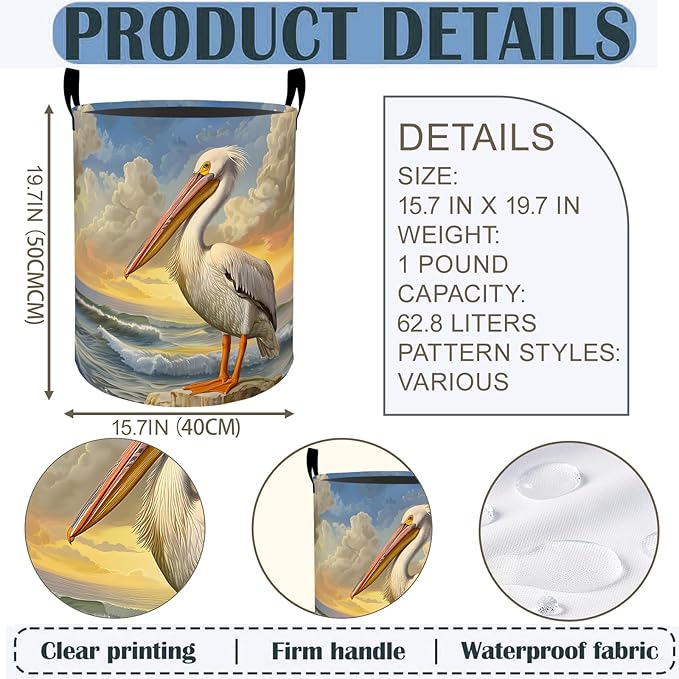 Pelican Laundry Basket Hamper 19.7"x15.8", Ocean Sunset Bird Foldable Waterproof Oxford Clothes Storage Bucket for Room Bathroom Bedroom Nursery Decor, Toy Organizer Bins Gifts for Kids Boys Girls