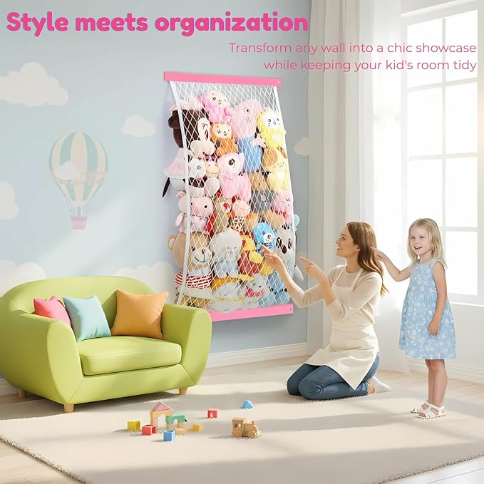 Stuffed Animal Storage Net, Elastic Stuffed Toy Holder,Door/ Wall Mount Length Adjustable Hanging Stuffy Animal Organizer, Plushie Net For Nursery Play Room-Pink Boards