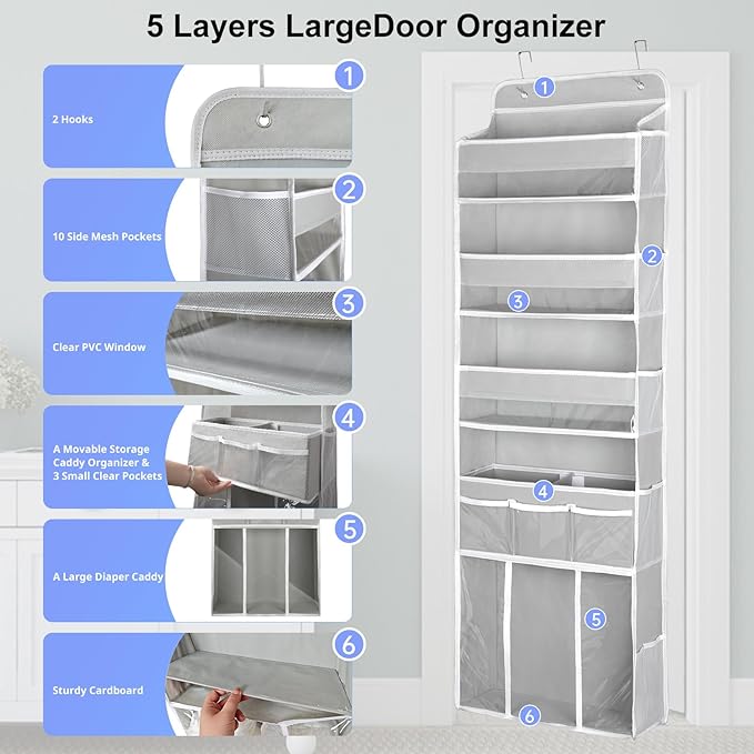 Over The Door Organizer, 5 Tiers Hanging Nursery Storage Closet Organizer with Movable Shelf, Large Capacity Caddy, 10 Side Pockets, Back of Door for Bedroom Bathroom Dorm Decor, Grey