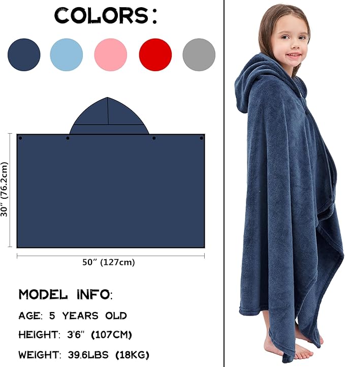 Hiturbo Kids Hooded Bath Towel: Soft Plush Pool Beach Fleece Towel Blanket - 50"x30" Toddler Towels Wrap for Boys Girls 3-12 Years (Navy)
