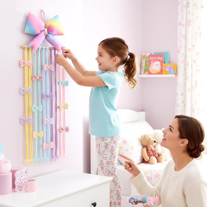 Long Bow Holder for Girls Baby Rainbow Color Bow Hair Bows Clip Organizer 31.5 Inch Baby Hair Accessories Storage Display Hanging Decor for Girls Nursery Room Bedroom Living Room