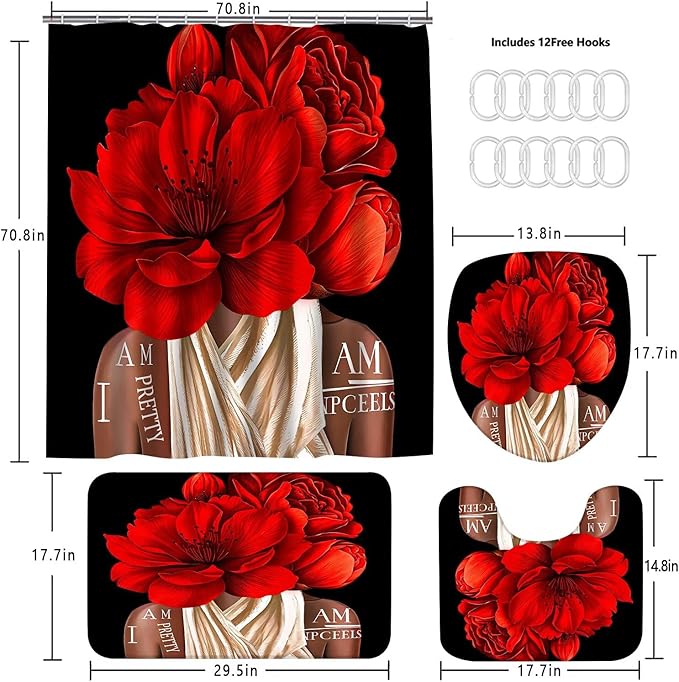 4 Pcs Valentines Red Girl Shower Curtain Sets African American Woman Rose Floral Quotes Non-Slip Rugs Bath Mat Toilet Cover U Shaped Mat Shower Curtain with 12 Hooks Bathroom Set
