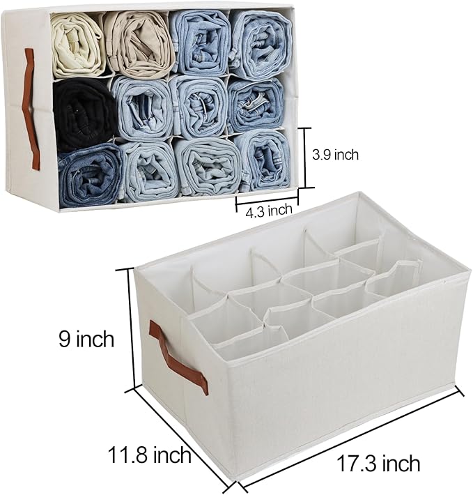 2 Pcs Closet Organizers and Storage Bins for Clothing, 12 Cell Closet Clothes Organizer for Leggings Yoga Pants T-shirts Thin Jeans Clothes, Clothing Storage Bin Container with Sturdy Handles