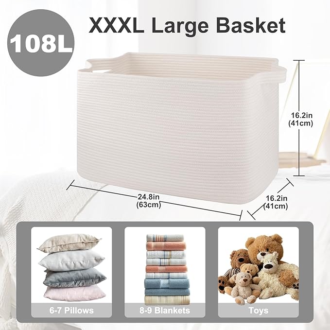 108L Extra Large Blanket Basket, 24.8" x 16.2" x 16.2" Rectangle Woven Storage Baskets for Living Room, Nursery, Bedroom, Toy Basket with Handle (White)