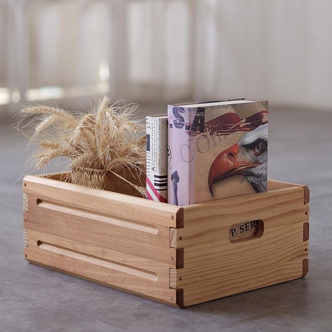 2 Pack Wooden Storage Bins of 16"x12"x6.25".Durable Open Solid Wood Box w/ Handles.Farmhouse Container Shelf Baskets. Multipurpose Home Décor Organizer Crates for Display,Pantry,Book,CD