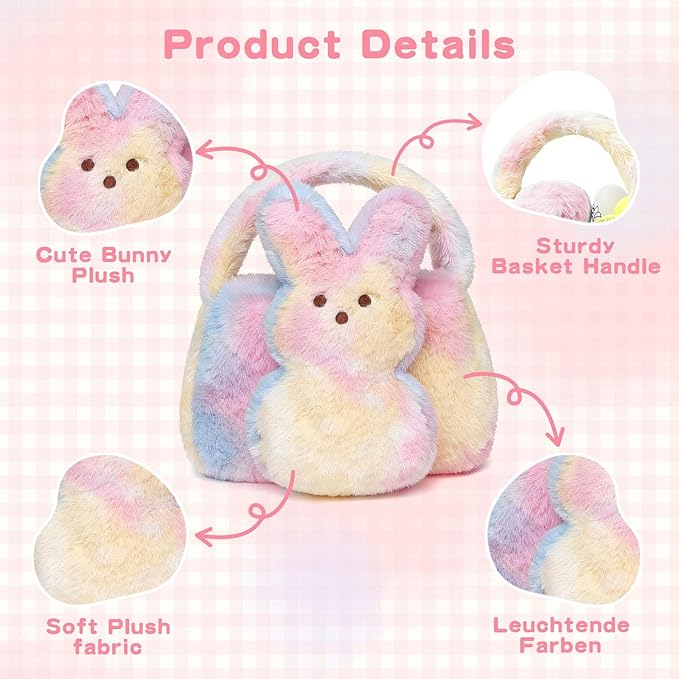 Easter Bunny Basket for Kids, Cute Bunny Plush Tote Bucket for Boys Girls, Fluffy Easter Egg Hunt Bag Soft Fabric Tote Bags for Candy Gifts Storage (Multicolor)