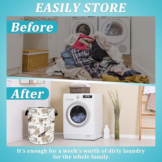 Airplane Laundry Basket, Vintage transportation Laundry Hamper World Map Tote Bag Dirty Clothes Storage Bucket Toy Organizer for Bathroom/Laundry/Bedroom 15.7"x19.6"