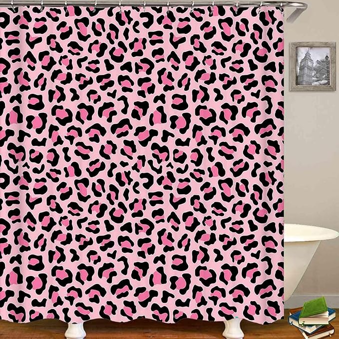 4PCS Pink Leopard Print Shower Curtain Sets With Rugs, Waterproof Fabric Pink Shower Curtain, African Wildlife Safari Animal Cheetah Print Skin Sexy Trendy Chic Aesthetic Modern Bathroom Decor