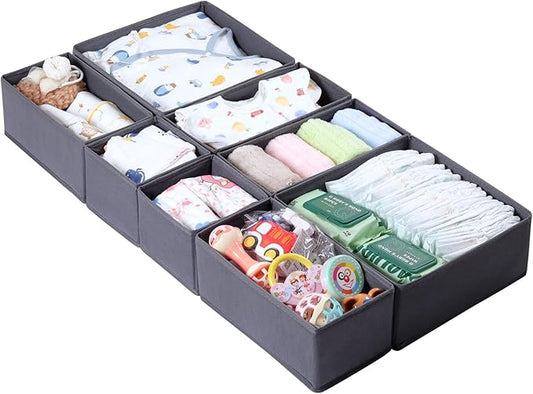 8 Pack Drawer Organizer for Baby Clothes, Foldable & Washable Bins - Perfect for Nursery & Dresser Organization, Grey - Durable Storage Solution for Baby Essentials, Socks,