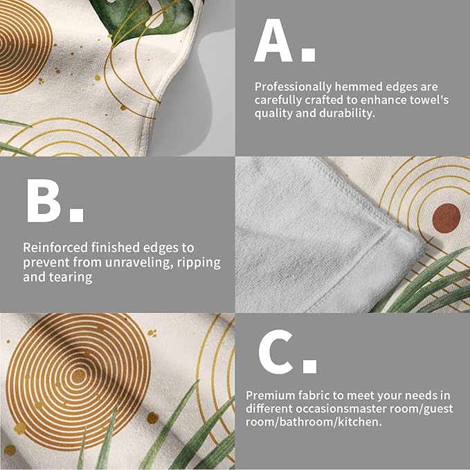 Abstract Boho Palm Leaves Hand Towels for Bathroom Set of 2 Vintage Bohemian Green Leaves Kitchen Towel Mid Century Decorative Fingertip Towel Soft Absorbent Dish Towel for Home Guest Gym Spa 14"x28"