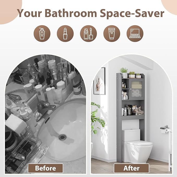 ZenStyle Over The Toilet Cabinet Double Door Wood Bathroom Storage Organizer with Adjustable Shelves, Cubby and Tempered Glass Door (Grey)