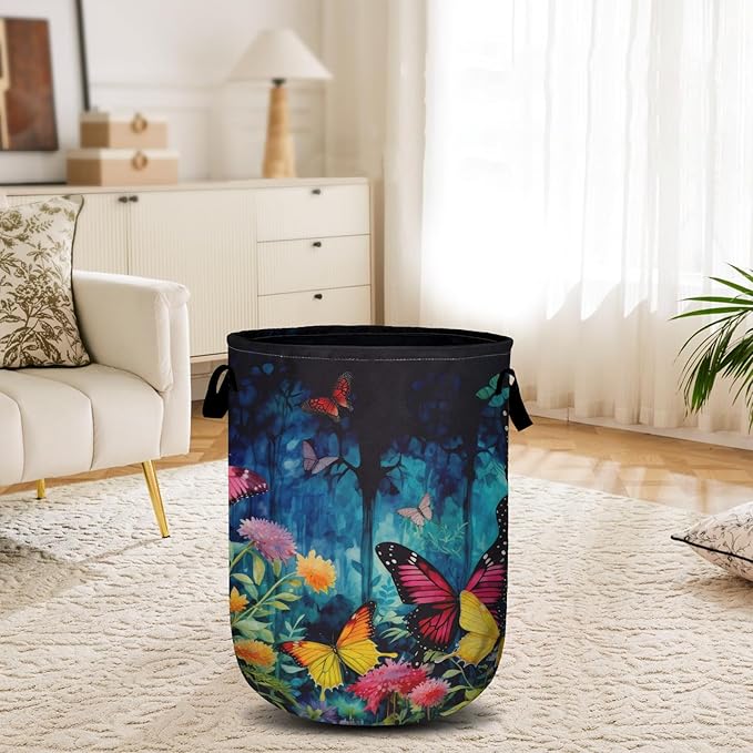 Spring Flower Butterfly Laundry Basket, Laundry Hamper Collapsible Oxford Cloth with Handle Clothes Toy Storage Bin for Bathroom Laundry Room Bedroom 15.7 X 20 Inch
