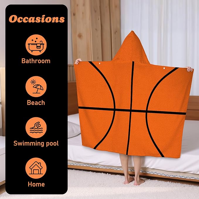 Hooded Towels for Kids Basketball 50" x 30" Toddler Bath Beach Towel Poncho with Hood Super Soft and Absorbent 100% Microfiber for Boys Ages 3-10