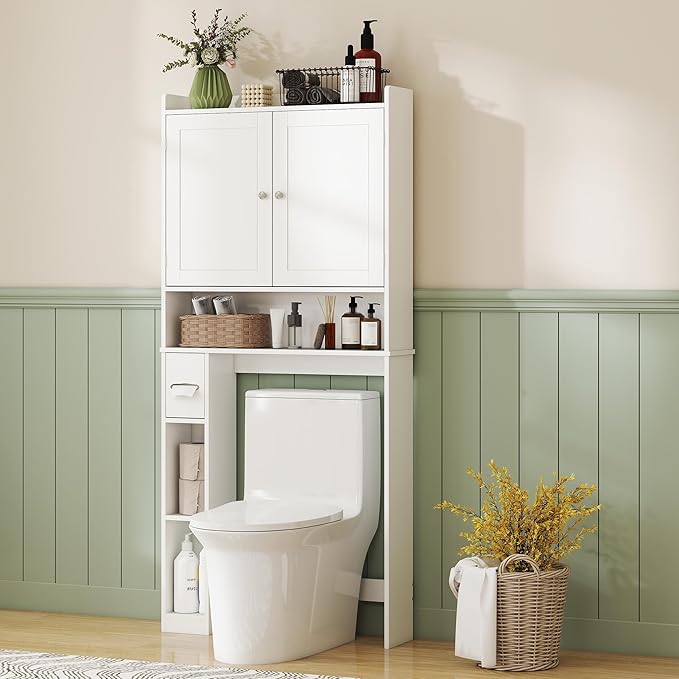 HOMCOM Over The Toilet Storage Cabinet, Modern Above Toilet Bathroom Organizer with 2 Doors, Storage Shelves, Toilet Paper Holder, Freestanding Space Saver for Bathroom, Laundry, White