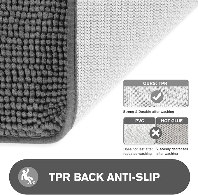 Gray Bathroom Rugs – Absorbent and Washable Bath Mat, Non-Slip, Thick Soft Chenille Bath Rugs for Bathroom Floor, Shower, Sink - 17" x 24"