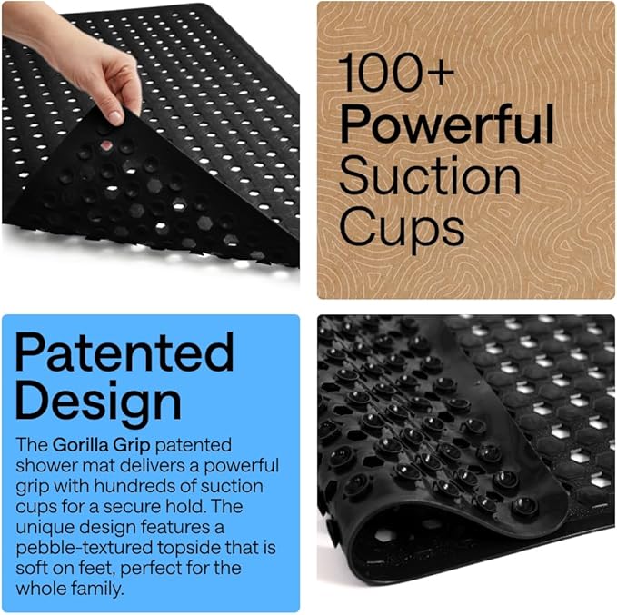 GORILLA GRIP Patented Square Shower Stall Mat, Small Bathtub Floor Mats for Stand Up Showers, Suction Cups and Drainage Holes, Machine Wash, Soft on Feet, Bathroom Accessories 21x21 Inch, Black Opaque