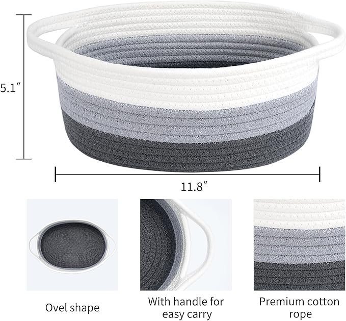 ABenkle Small Basket, 12"x 8" x 5" Cute Small Woven Basket, Rope Room Shelf Storage Basket, Cat Dog Toys Basket Chest Box, Decorative Empty Gift Basket with Handles - White & Grey & Dark Grey