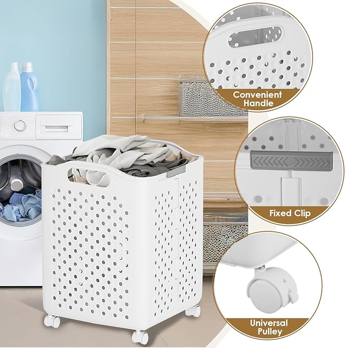 57L Collapsible Laundry Basket with Wheels, Laundry Basket Collapsible, Foldable Laundry Baskets with Handles, Dirty Clothes Hamper for Dorm, Bedroom and Bathroom (Pearl White)