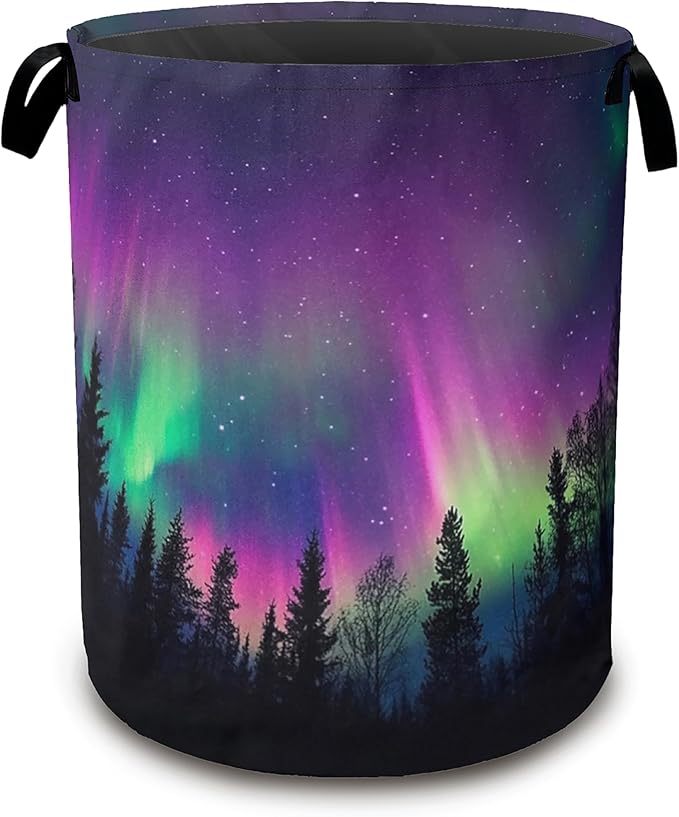 Northern Lights Laundry Hamper,Collapsible Laundry Baskets,Dark Forest Dirty Clothes Baskets with Handles,Oxford Cloth Hamper for Bedroom,Bathroom,College Dorms, 16"x20"