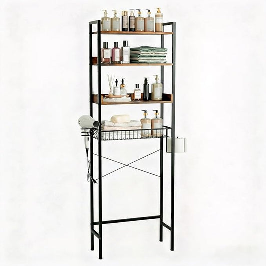 VINGLI Over-The-Toilet Storage Rack,4 Tier Bathroom Shelf Organizer Adjustable with Basket and Paper Holder,Freestanding Bathroom Space Saver Matal Stand with Feet Pad Above Toilet,Rustic Brown