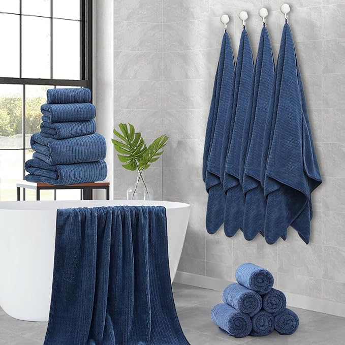 Hailea 18 Piece Family Bath Towel Set Include 6 Bath Towels,6 Hand Towels and 6 Washcloths Soft Bathroom Towel with Hanging Loops,Highly Absorbent Quick Dry Towels Set for Bathroom,Hotel and Spa-Navy