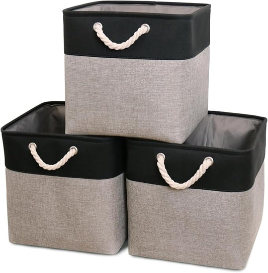 HOdo Home Fabric Storage Bin with Drawstring Closure and 2 Bold Handles, Collapsible Large Canvas Storage Baskets for Organizing Shelf Nursery Home Closet (Grey&Black, 13L×13W×13H - 3Pack)
