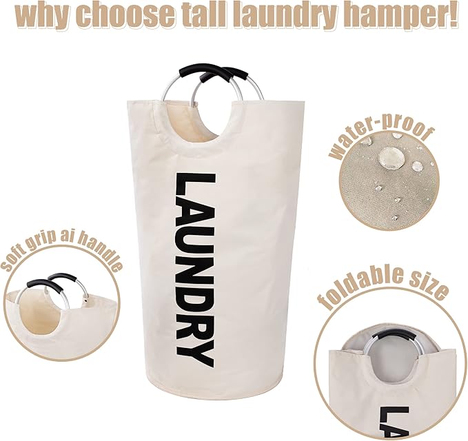 Twira 100L Large Laundry Basket, Laundry Hamper Stands Up Well, Laundry Bag with Padded Handles, Waterproof Clothes Bin Collapsible, Clothes Hamper for Bathroom, Laundry, College (Beige)