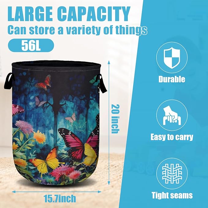 Spring Flower Butterfly Laundry Basket, Laundry Hamper Collapsible Oxford Cloth with Handle Clothes Toy Storage Bin for Bathroom Laundry Room Bedroom 15.7 X 20 Inch