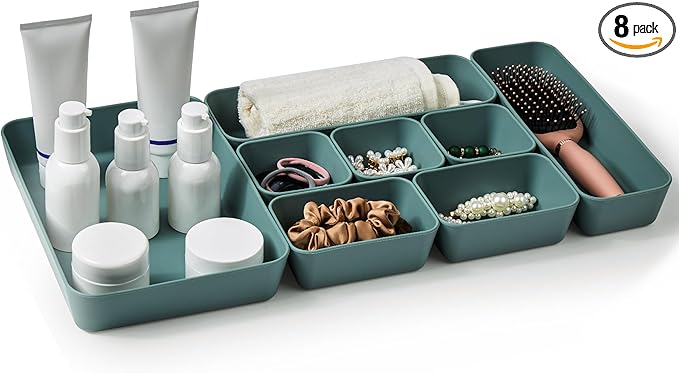 ISSEVE 8Pcs Nesting Silicone Drawer Organizer Trays, 4 Size Versatile Vanity Bathroom & Desk Drawer Organizer Set Storage Bins for Office,Kitchen,Nightstand,Green