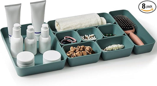 ISSEVE 8Pcs Nesting Silicone Drawer Organizer Trays, 4 Size Versatile Vanity Bathroom & Desk Drawer Organizer Set Storage Bins for Office,Kitchen,Nightstand,Green