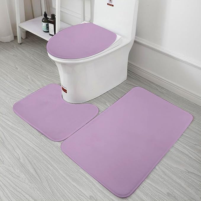 3 Pieces Bath Rug Sets, Purple Lilac Trend Color Bathroom Mat Set Non Slip U Shaped Contour Rug & Toilet Lid Cover