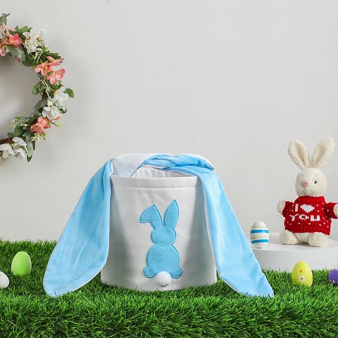 MONOBLANKS Easter Bunny Basket Bags Carrying Gift and Eggs Hunt Bag,Rabbit Canvas Toys Bucket Tote (A-Blue)