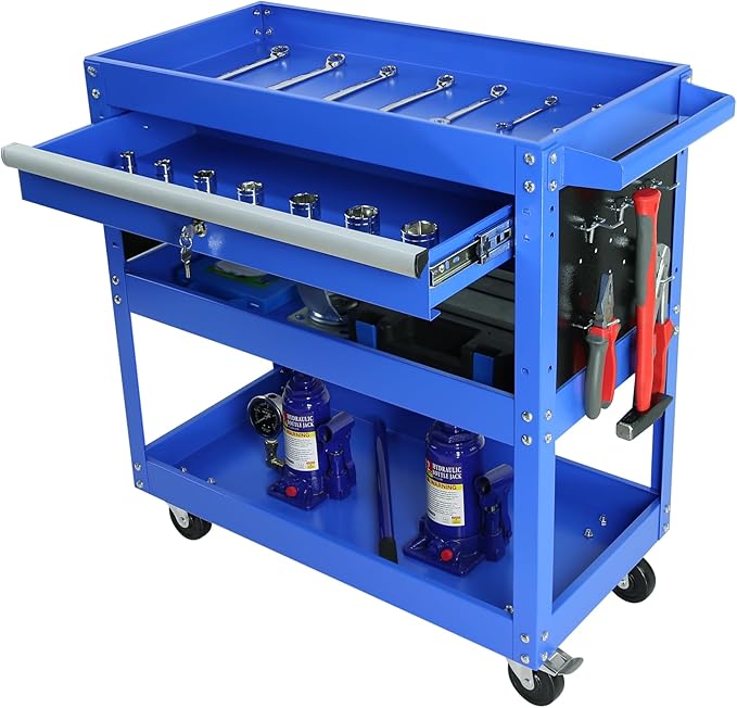 Rolling Tool Cart, Premium 1-Drawer Utility Cart, Heavy Duty Industrial Storage Organizer Mechanic Service Cart with Wheels and Locking System(Blue&Grey)