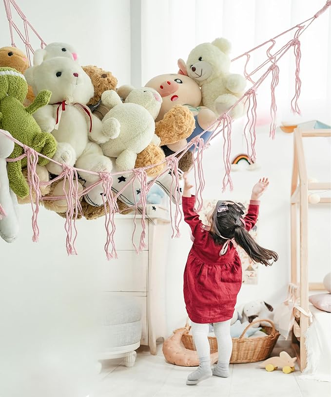 Stuffed Animal Storage Corner Hammock or Net,Toy Storage Hammock for Stuff Animals,Plushie Net for Nursery Bedroom Wall,Stuffed Animal Organizer Holder for Plush,Cute Boho Room Decor.(Pink)