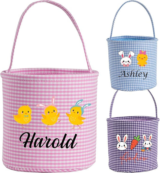 Personalized Easter Baskets for Kids Egg Basket Gingham Bunny Bucket Candy with Handle Tote Bucket Reusable Goody Baskets for Kids Gifts Bags
